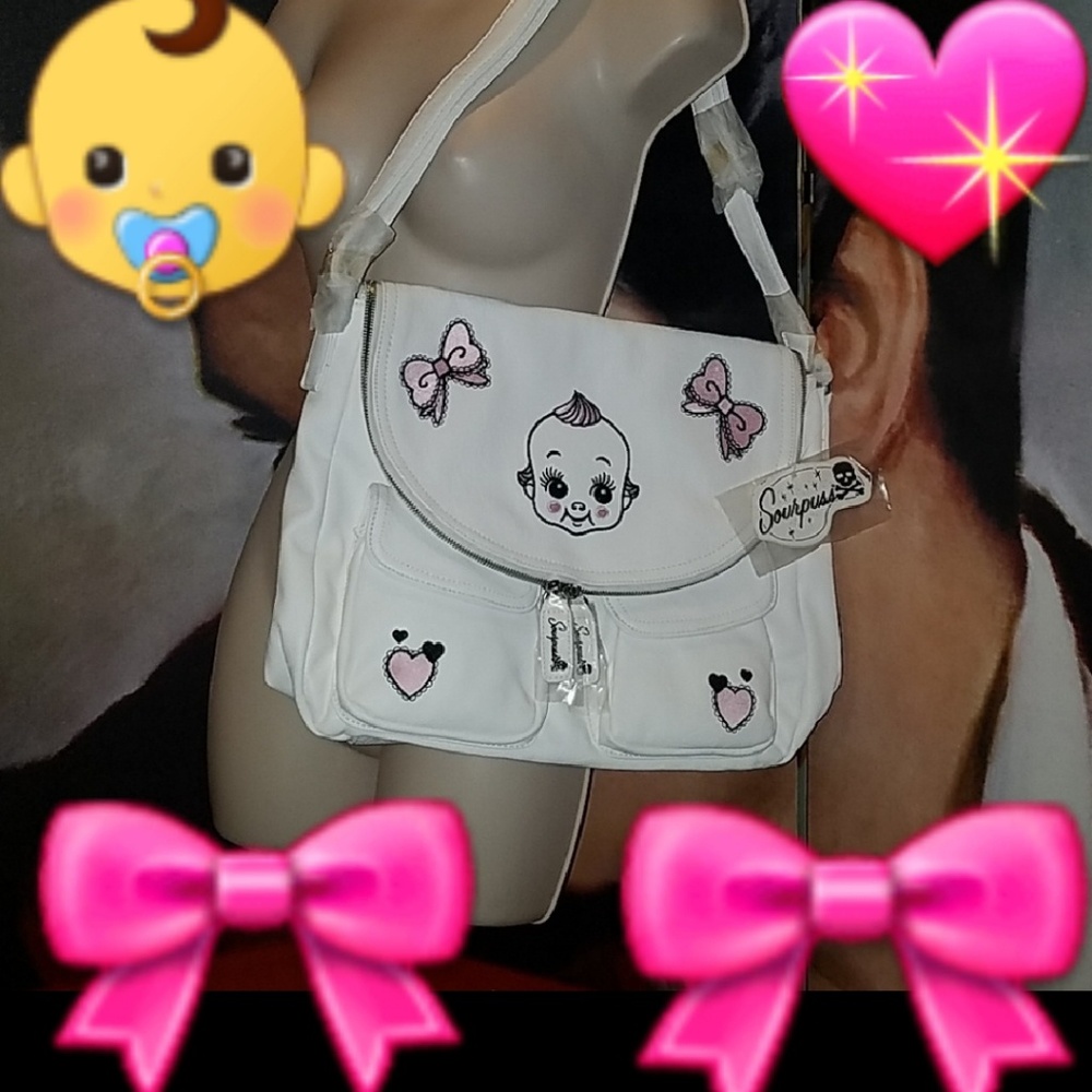Sourpuss Nomad 1920's Kewpie Doll Baby Pink Bows Hearts Purse Vegan Leather Bag - Picture 3 of 15